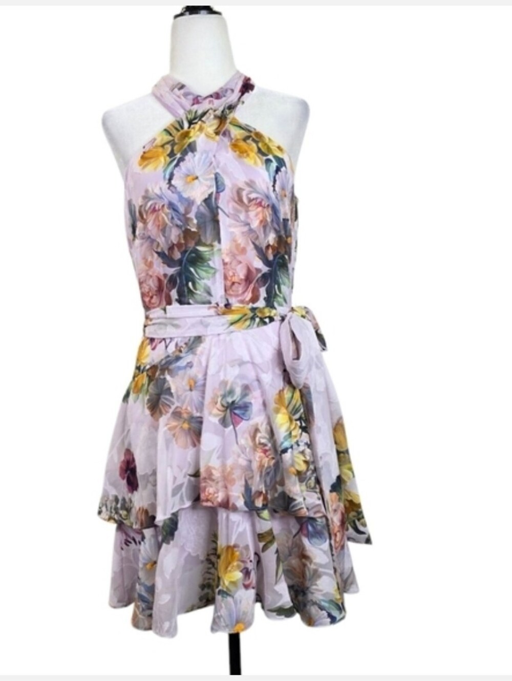 Floral Halter Tiered Mini Dress in Light Lavender